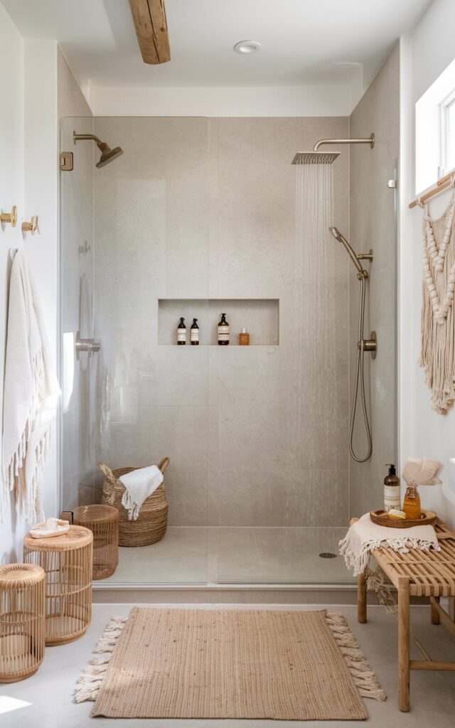 A bright and airy Scandi + Boho bathroom with light neutral walls, matte ceramic tiles, and natural wood accents. There's a minimalist rain-style shower head in brushed nickel mounted overhead in a frameless glass shower. The shower space includes a subtle built-in niche with organic soaps and oils. Outside the shower area, there's a woven jute rug and fringed towels. There are rattan baskets, a wooden bench, and a macramé wall hanging. The photo shows a close view of the shower head with water splashing.