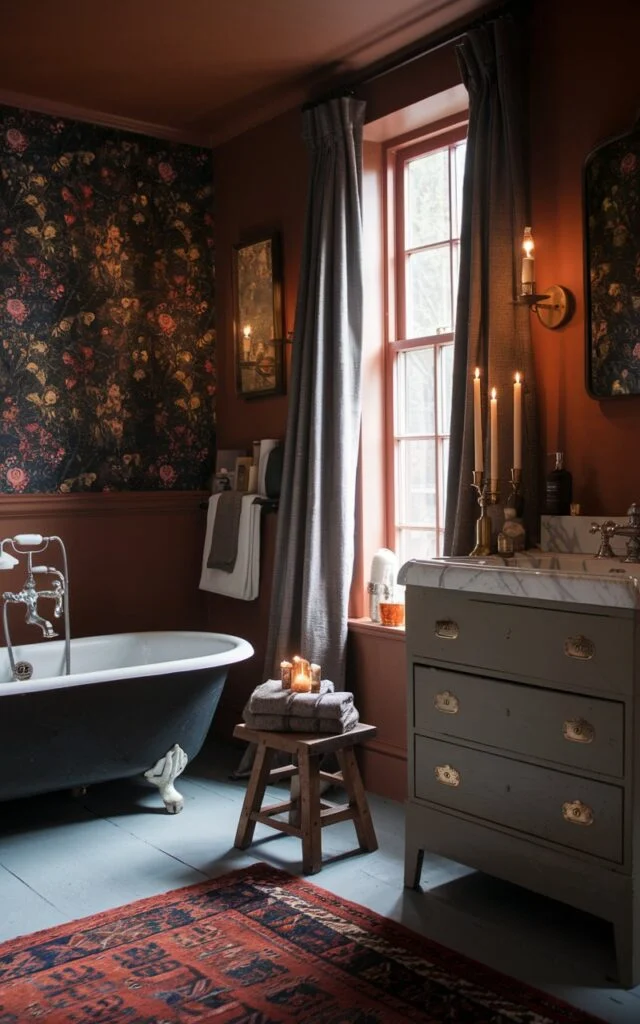 A photo of an English countryside bathroom with warm, moody tones. The walls are painted in rich matte hues or papered with vintage-inspired florals. There's a clawfoot tub in a dark enamel finish near a sash window draped with thick linen curtains. The vanity is painted wood with classic brass hardware, topped with a marble or butler's sink. The space is cozy with an antique rug, candles in brass holders, and a wooden stool stacked with fluffy towels.
