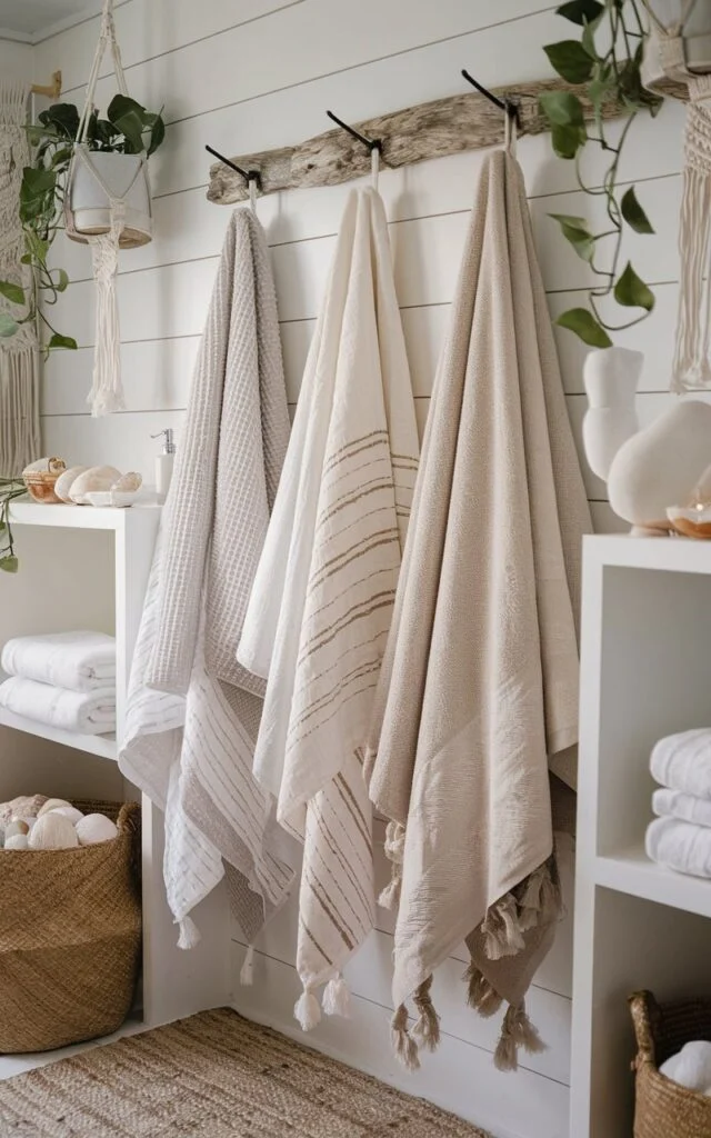 A serene coastal boho bathroom with a curated mix of neutral-toned towels hanging from rustic wooden hooks. The towels vary in texture, including waffle weave, soft linen, and plush cotton, with subtle patterns like stripes, chevrons, or delicate embroidery in sandy beige, ivory, and light gray hues. The backdrop features white shiplap walls, a natural fiber rug, and driftwood accents. Potted greenery and macramé planters add a bohemian flair, while open shelves hold shells and beachy decor, creating a relaxed, boutique-style seaside sanctuary.