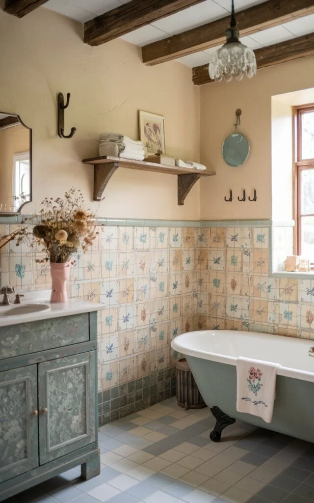 A charming cottagecore + rustic bathroom with the lower half of the walls tiled in a colorful, hand-painted pattern—think soft floral motifs, vintage-inspired geometrics, or Mediterranean hues in dusty rose, sage, and buttercream. The upper walls are painted in a warm cream or muted pastel. Natural wood elements like a weathered vanity or open shelves add rustic charm, along with exposed ceiling beams or antique hooks. A clawfoot tub, embroidered hand towels, and a vase of dried wildflowers create a nostalgic, countryside atmosphere filled with storybook warmth.