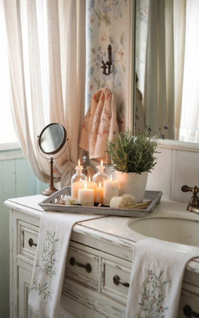 A photo of a charming French country bathroom with a rustic wooden vanity. The vanity is topped with a beautifully arranged tray. The tray holds flickering beeswax candles, delicate glass bottles of essential oils, and a small potted lavender or rosemary plant. The vanity surface is softly worn with a distressed white finish, complemented by antique brass fixtures. Soft natural light filters through linen curtains, highlighting floral wallpaper or pale pastel walls. Details like a vintage hand mirror and embroidered towels on a hook.