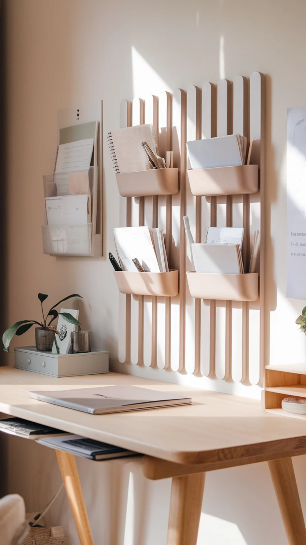 A stylish wall organizer with various items like notebooks and papers, enhancing home office organization.