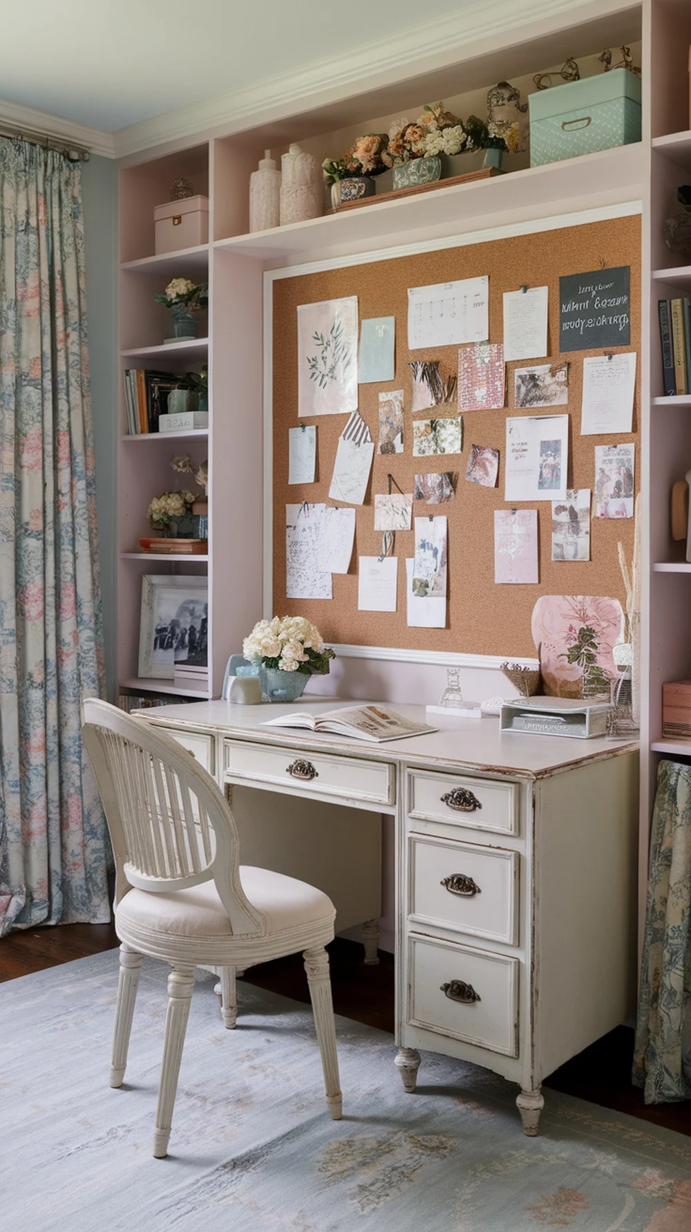 Home office featuring a bulletin board filled with notes and decorations.