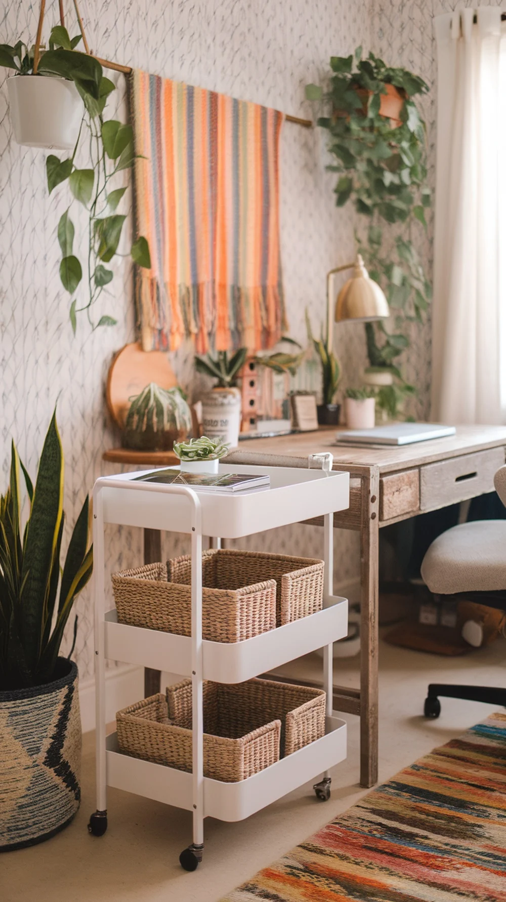A cozy home office featuring a modern rolling cart with woven baskets, plants, and a wooden desk.