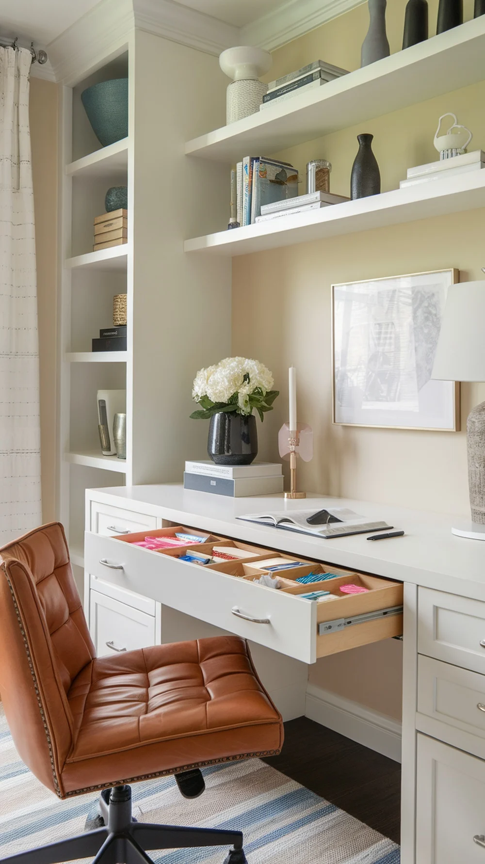 Organized desk drawer with colorful dividers separating office supplies