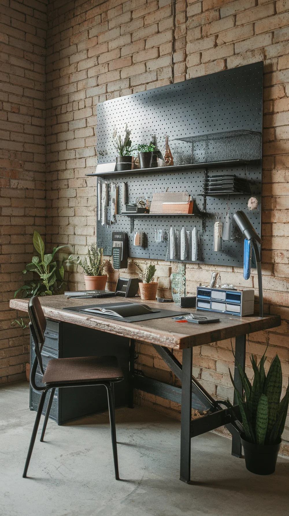 A well-organized home office space featuring a pegboard mounted on the wall with various supplies and plants.