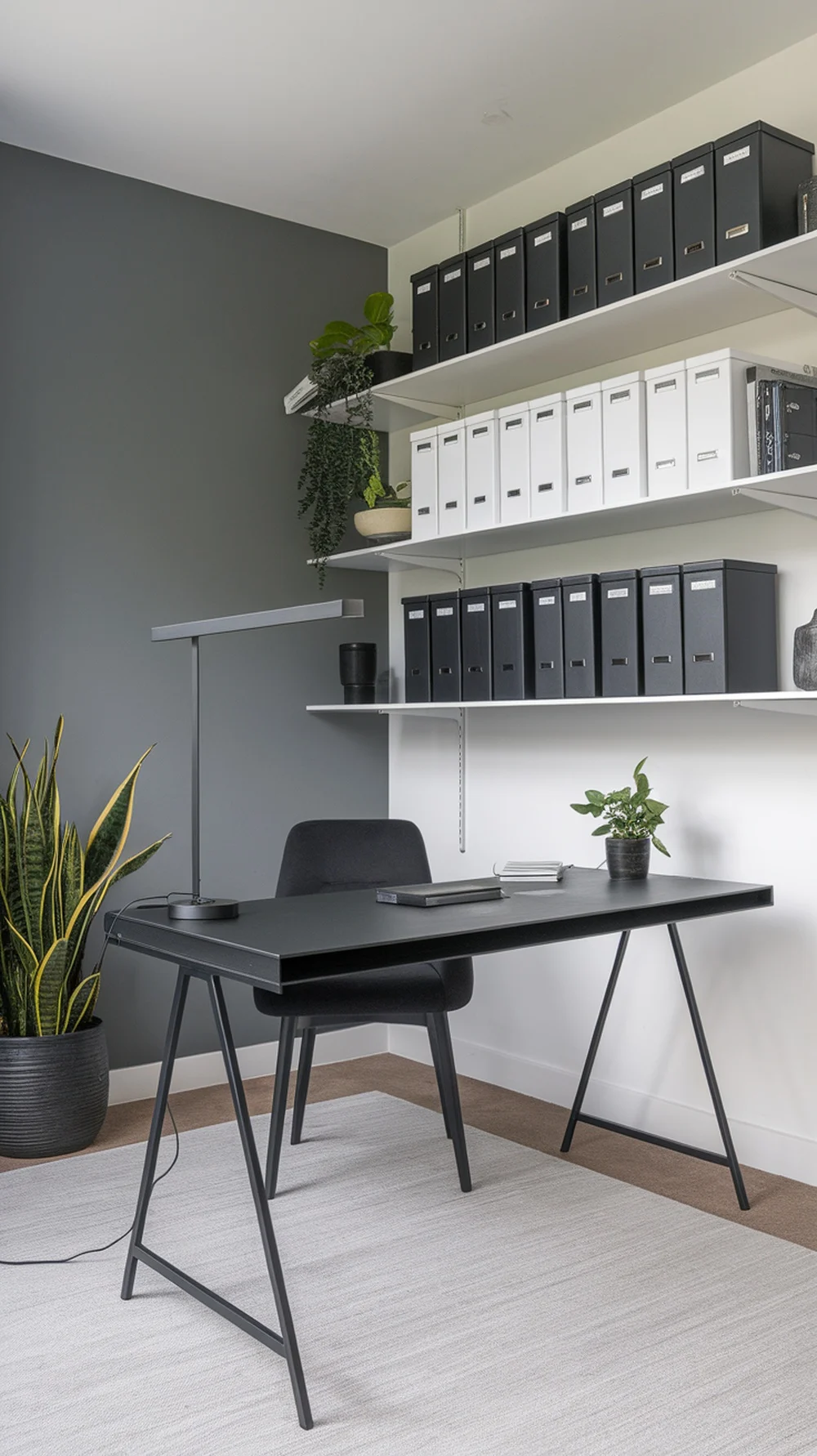 A modern home office setup with labeled storage boxes on shelves, a desk, and a plant.