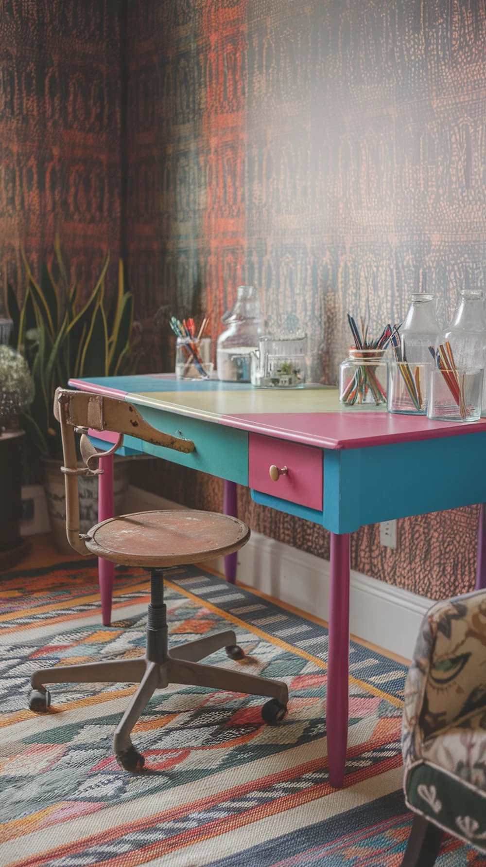 Colorful desk with jars filled with stationery items