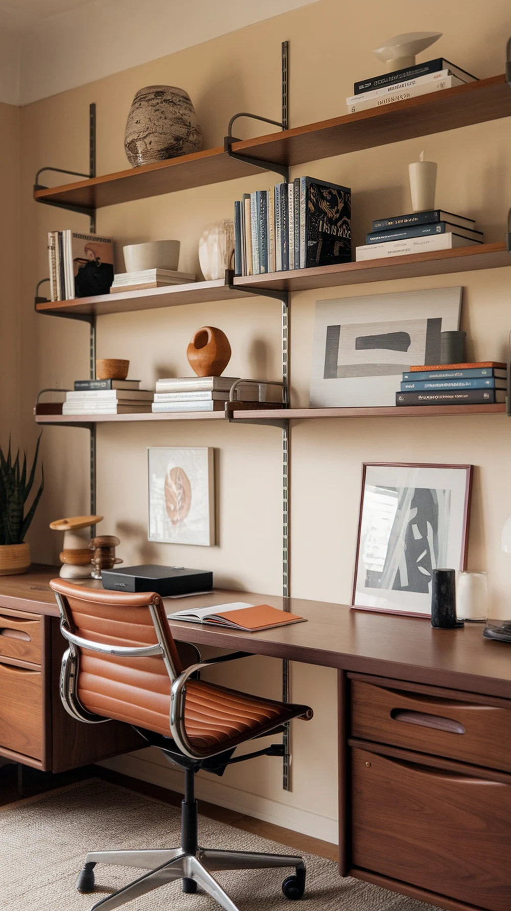 A modern home office with floating shelves displaying books and decorative items.