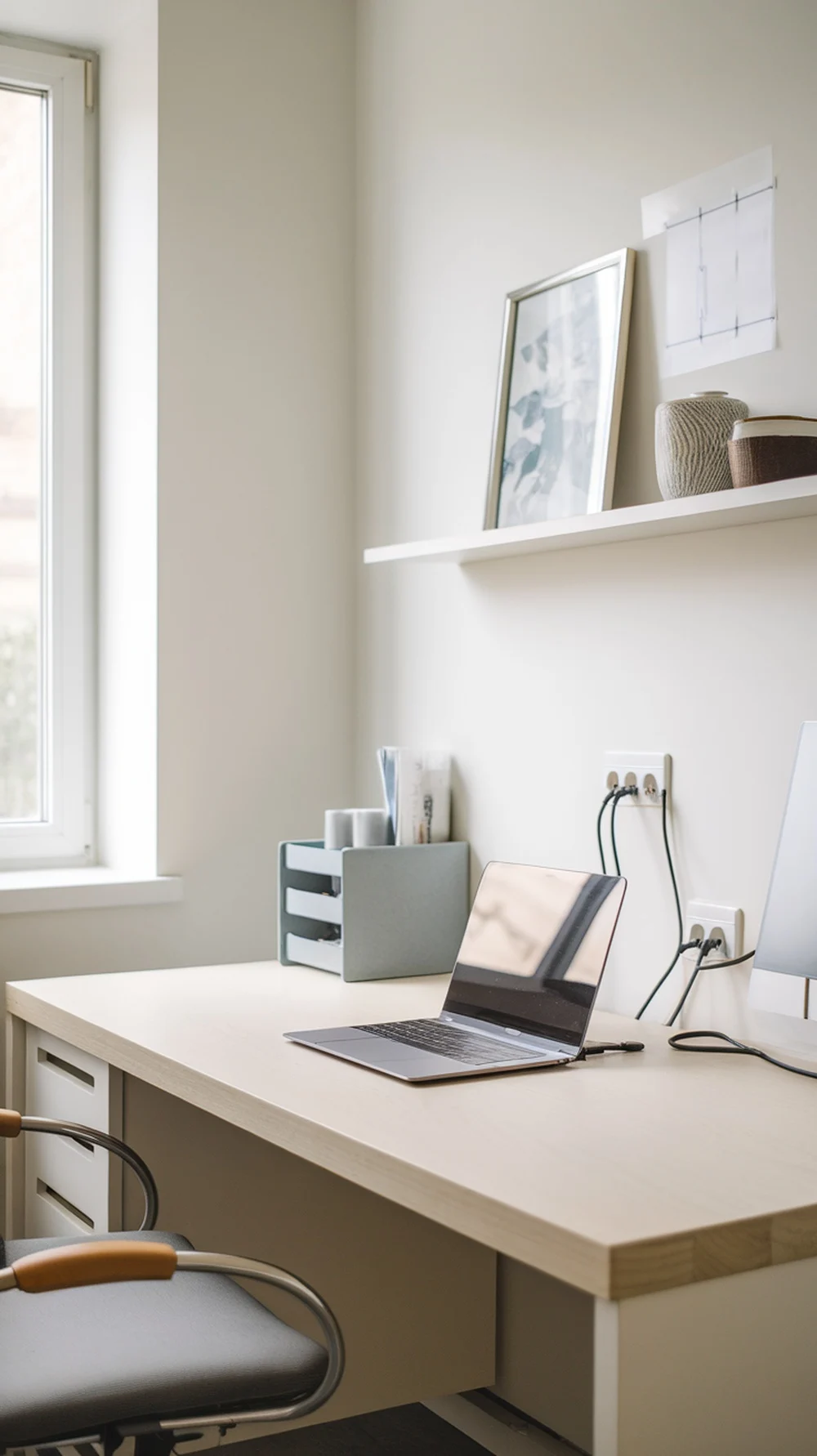 A tidy home office desk with organized cables and a laptop