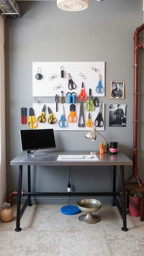 A multi-pocket organizer hanging on a wall next to a stylish desk, showcasing a neat and organized home office space.