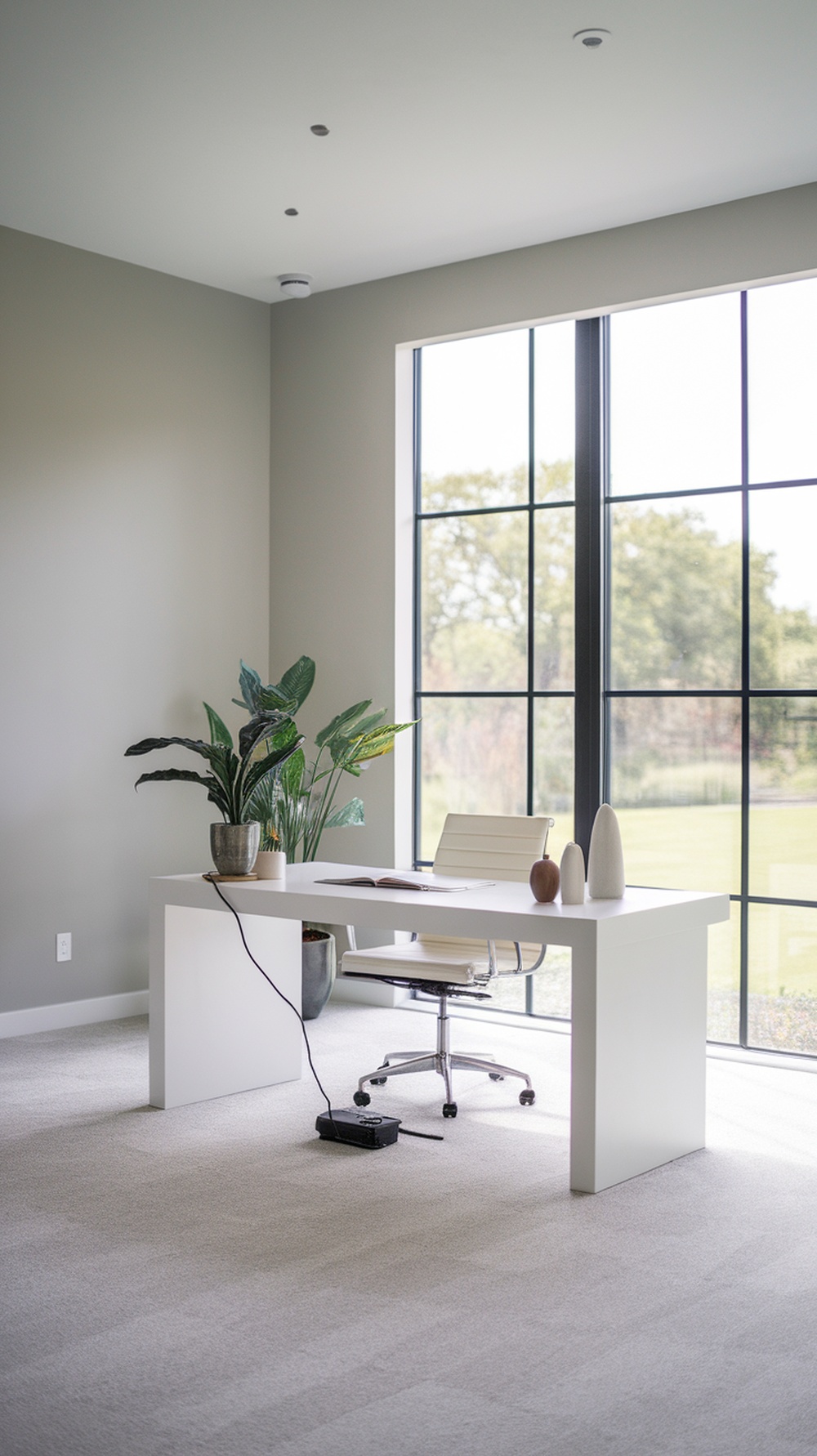 A modern home office with a clean desk and a plant, emphasizing organization.