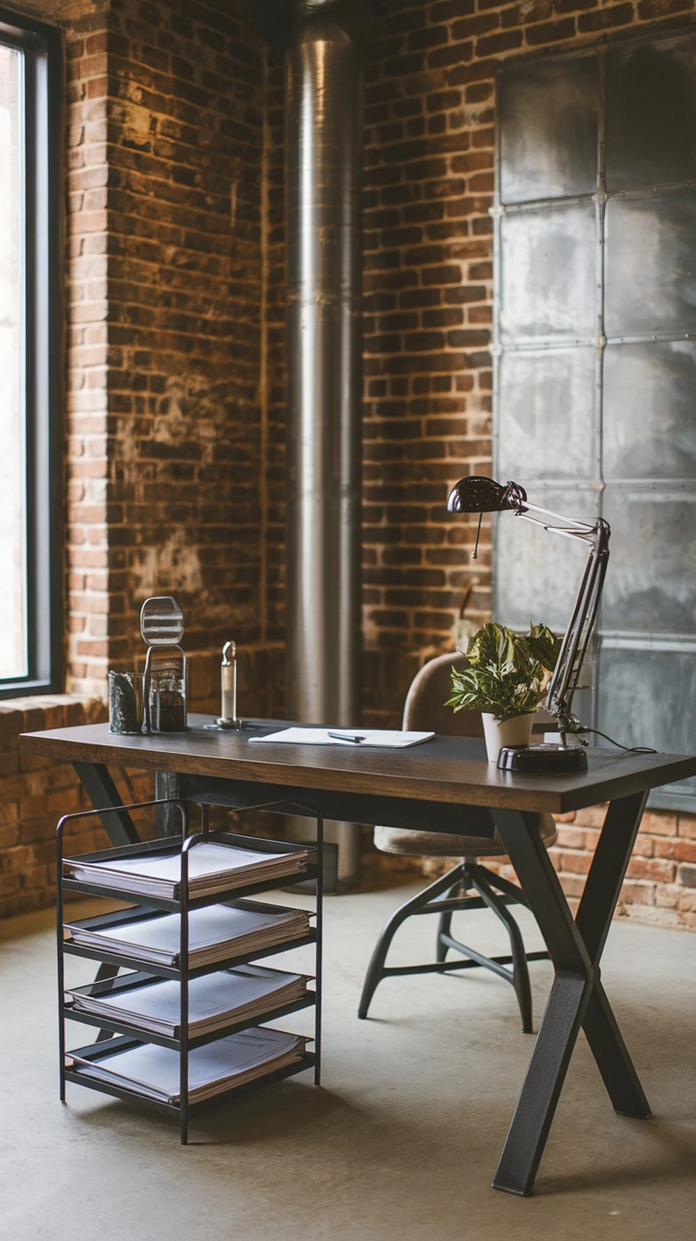 A stylish home office with a desk, lamp, stackable trays, and a view of a brick wall.