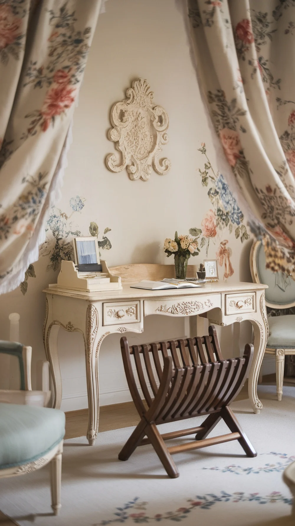 A stylish magazine rack in a home office setting