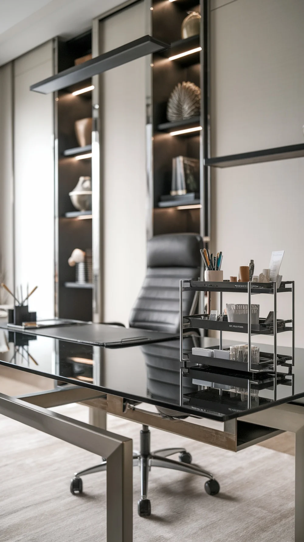 A modern desk setup featuring a multi-tier desk organizer holding pens and papers.