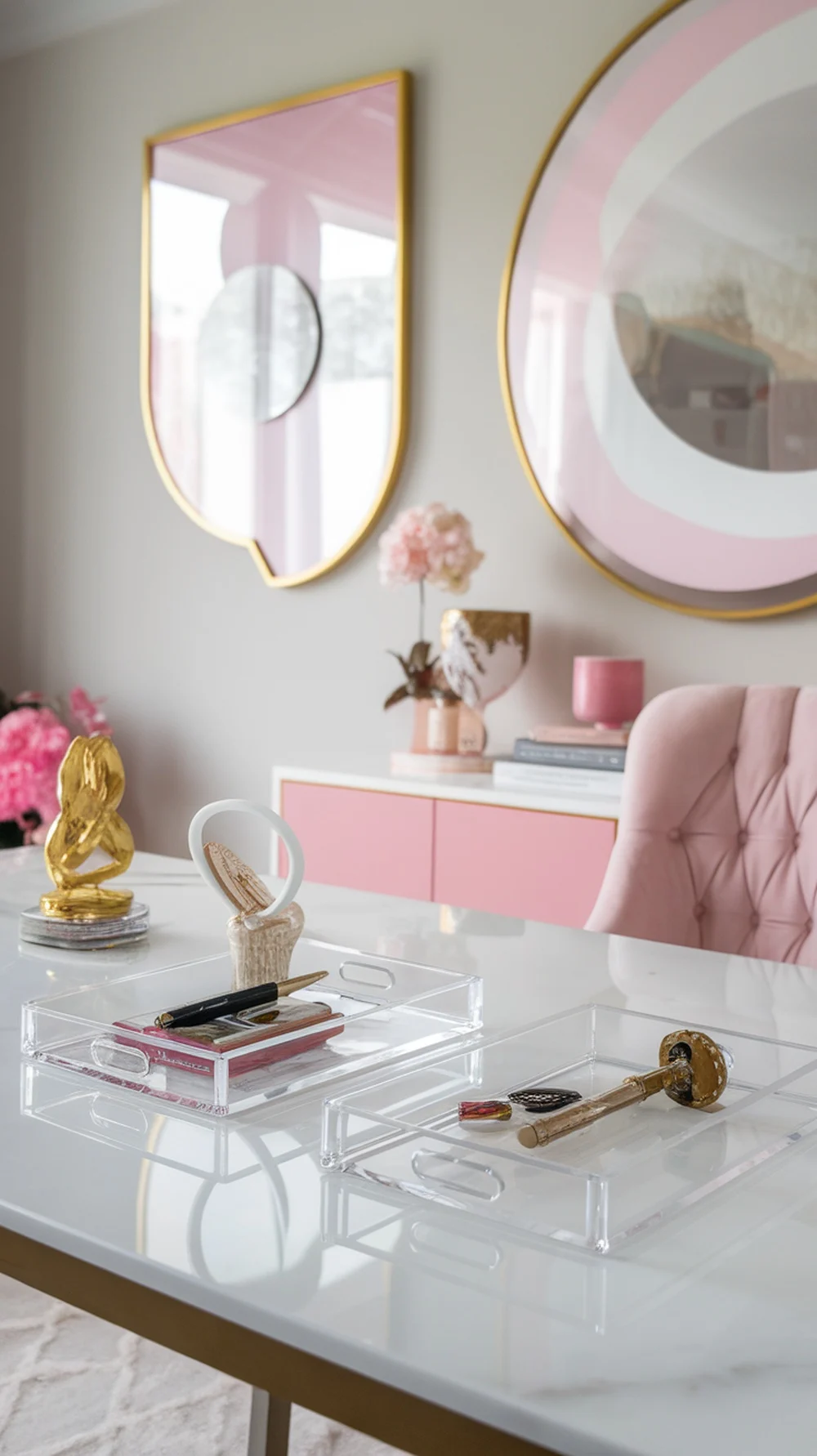 A stylish office desk featuring clear acrylic trays holding various office supplies and decorative items.