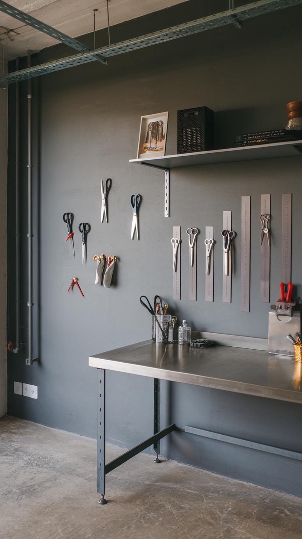A clean home office space featuring a metal magnetic strip on the wall with various tools like scissors and measuring tapes attached.
