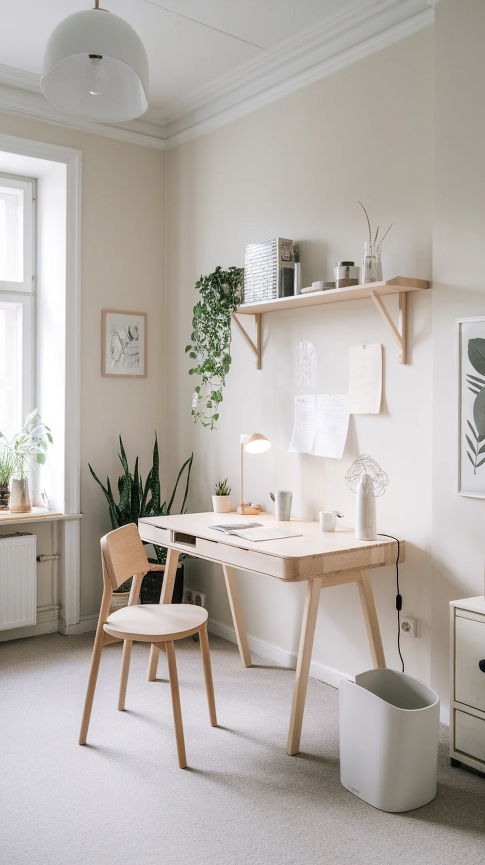A tidy home office setup featuring a small waste bin next to a desk.