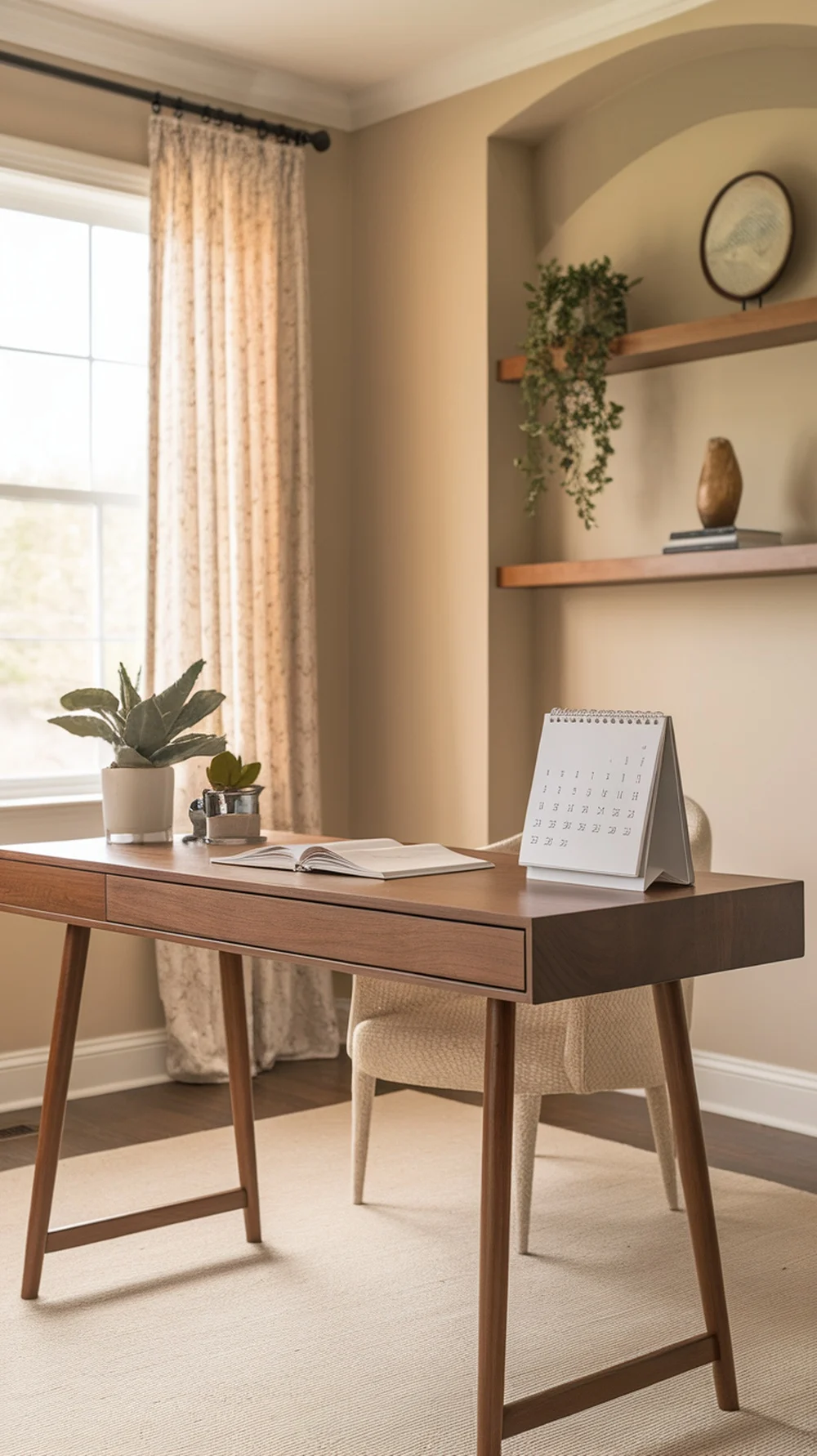 A modern desk with a calendar, a notepad, and potted plants, creating an organized workspace.