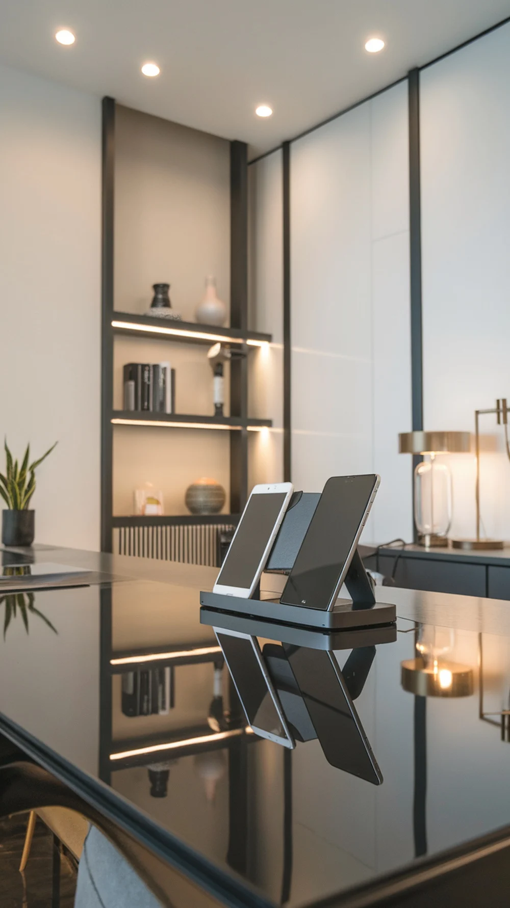 A sleek home office charging station with two devices neatly organized on a modern desk.