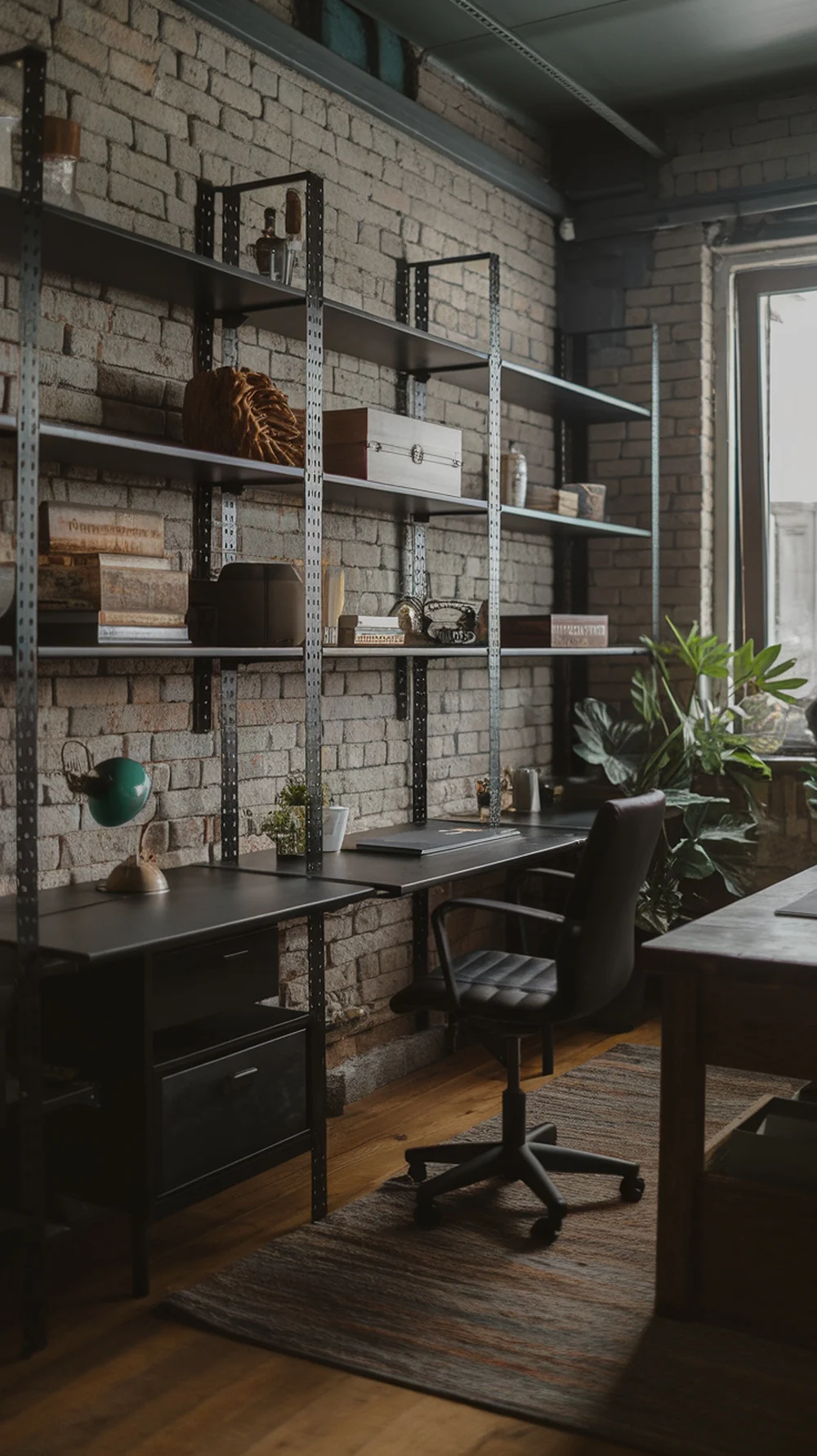 A home office featuring matte black shelving units against a brick wall, with a wooden desk and decorative items.