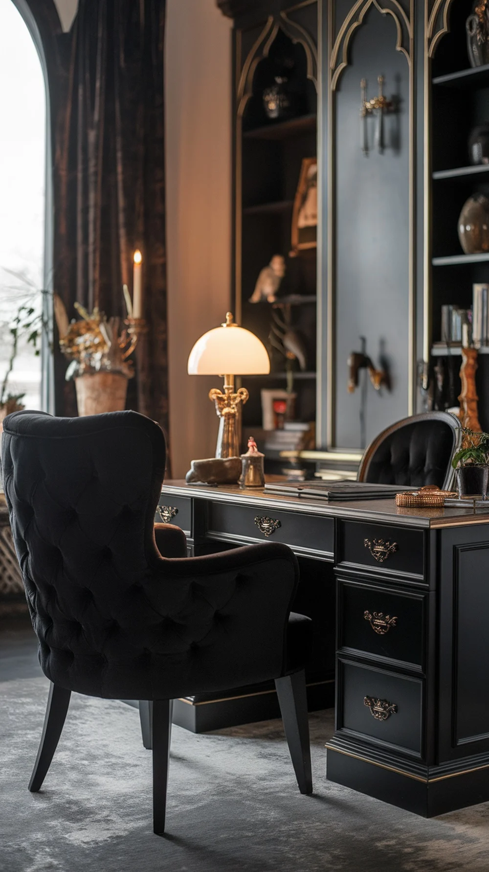 A cozy home office featuring a black velvet armchair next to a stylish desk.