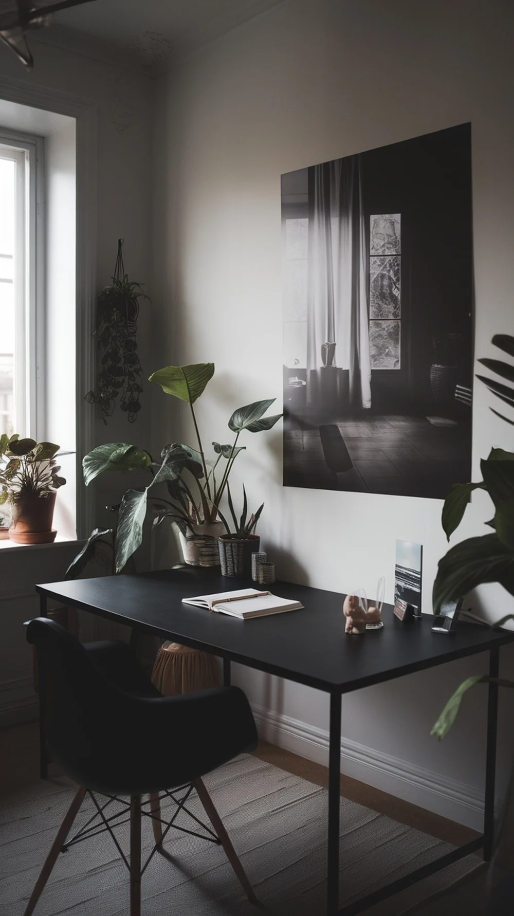 A moody home office featuring dramatic black-and-white photography, plants, and a black desk.