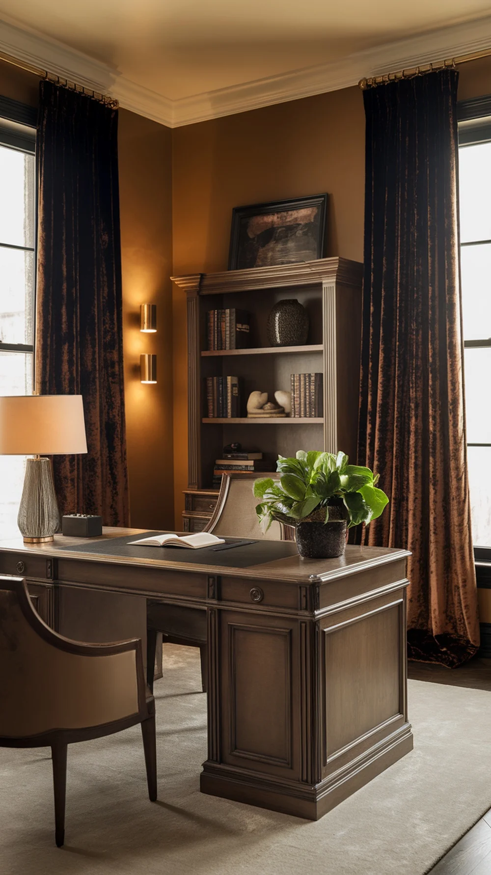 A cozy home office with heavy velvet curtains, a wooden desk, and a warm color palette.