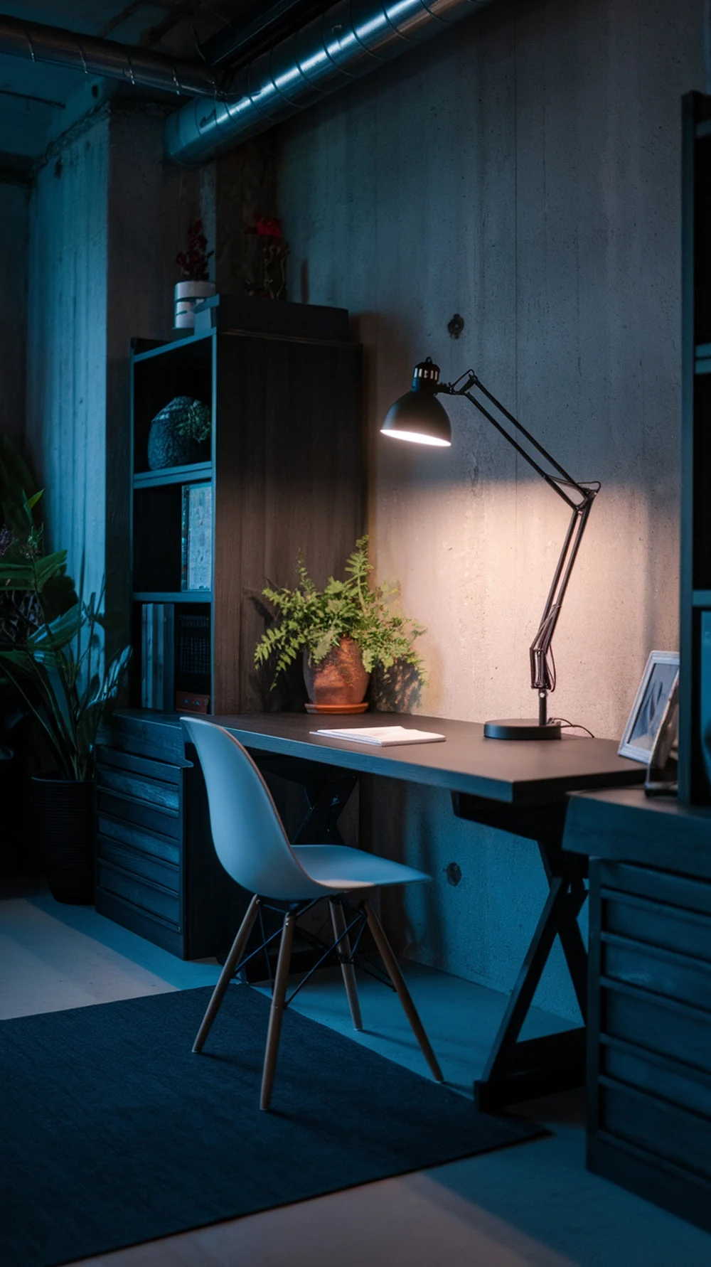 A cozy home office featuring a matte black task lamp illuminating a desk against a concrete wall.