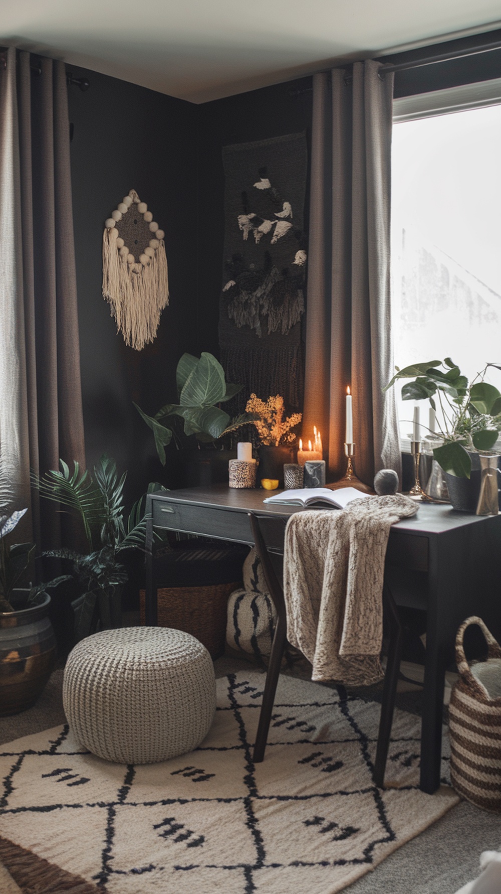 A cozy home office featuring layered textured dark rugs with plants and candles.