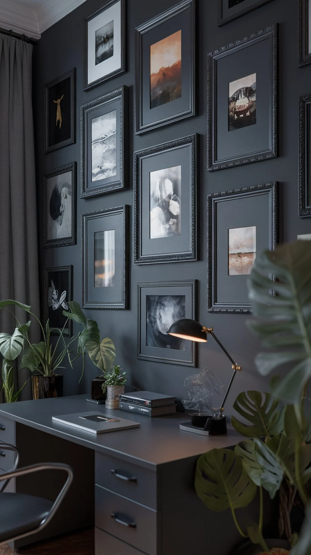 A stylish home office with a dark gallery wall featuring various framed artworks and plants.