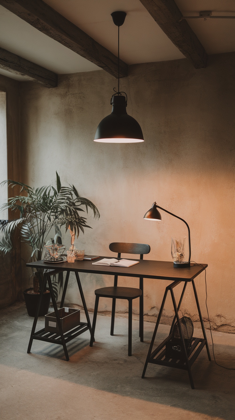 A stylish home office with a low-hanging black pendant light illuminating a desk and chair, surrounded by plants.
