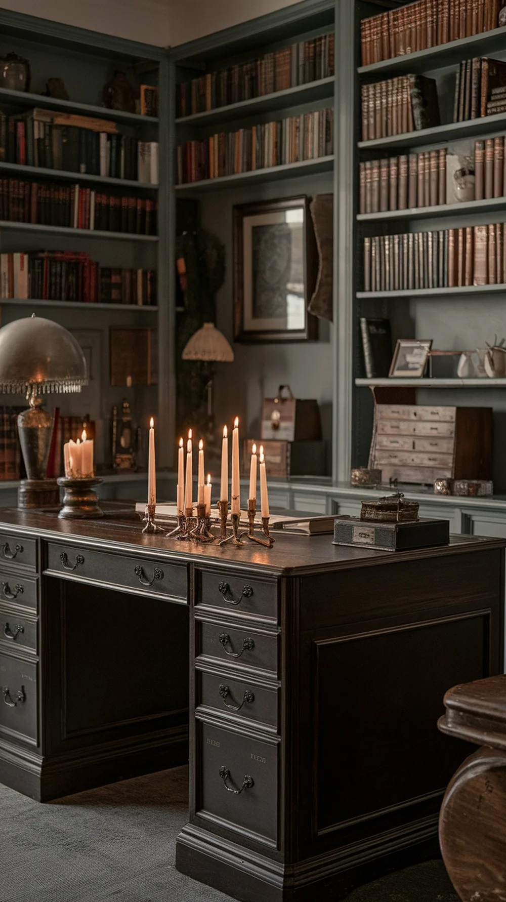 A moody home office setup featuring a desk with multiple candles, bookshelves in the background, and warm lighting.