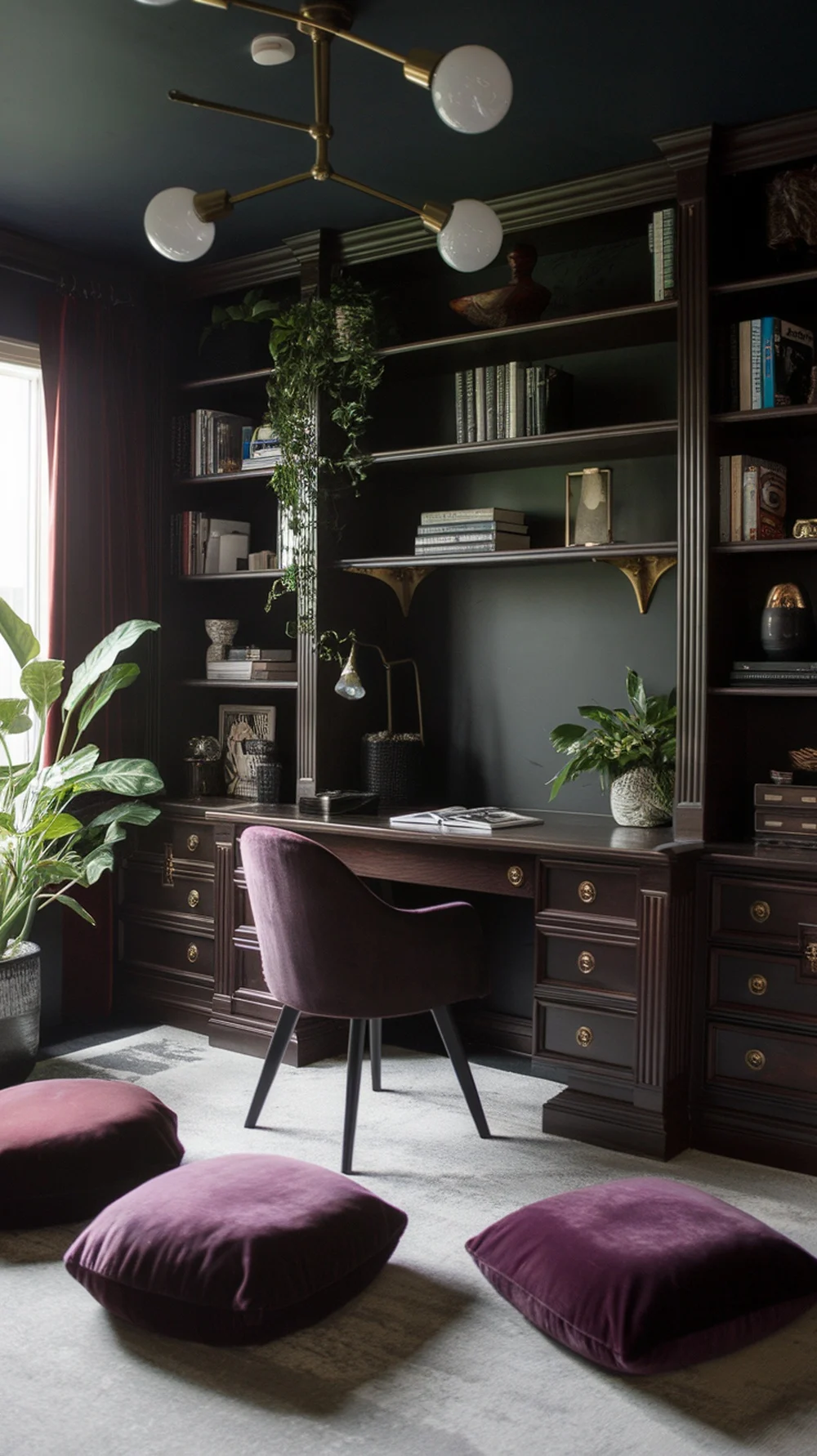 A stylish home office with dark plum and burgundy accents, featuring a plush chair, cushions, and plants.