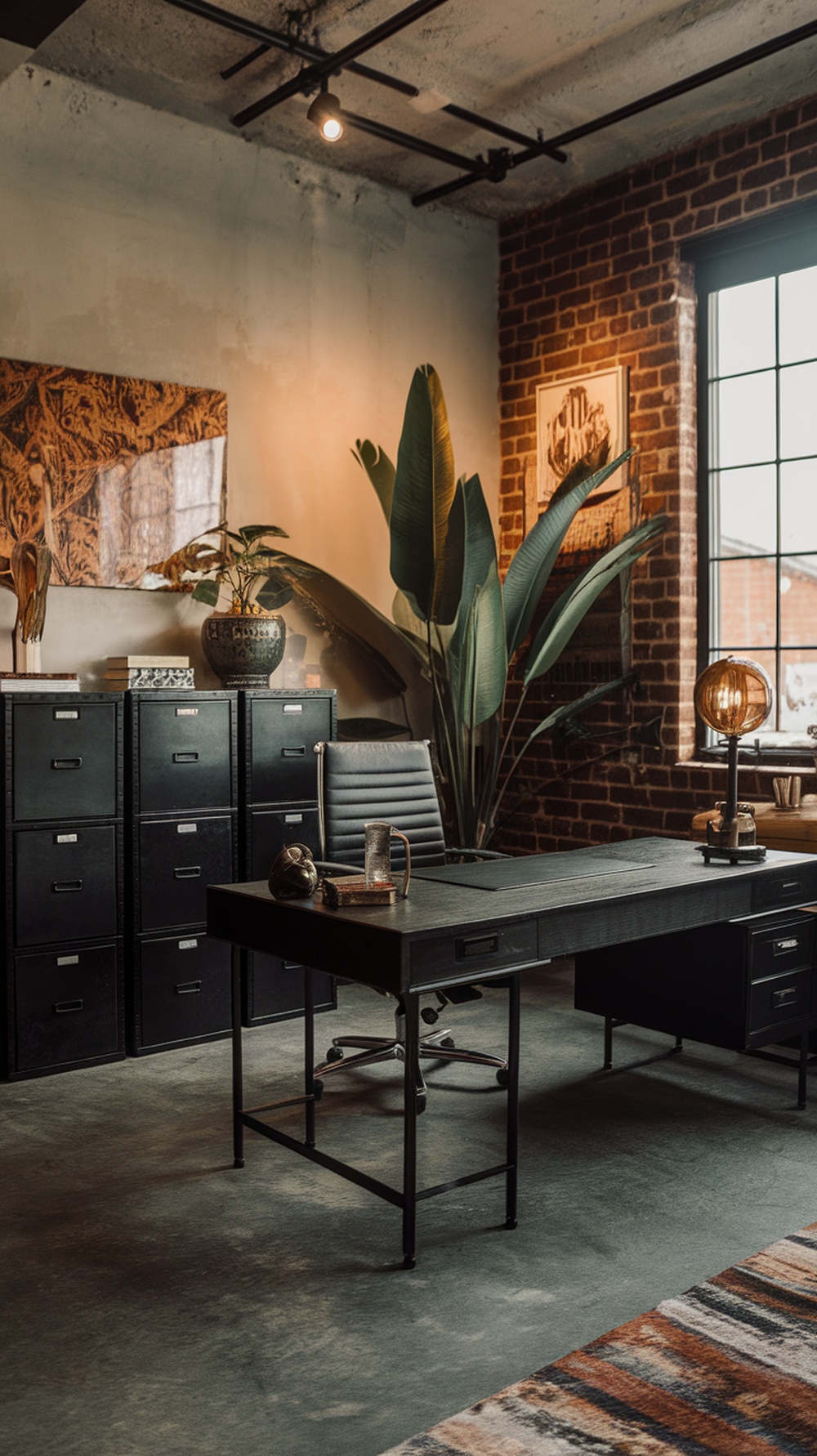 A stylish home office featuring black metal filing cabinets, a desk, and decor.