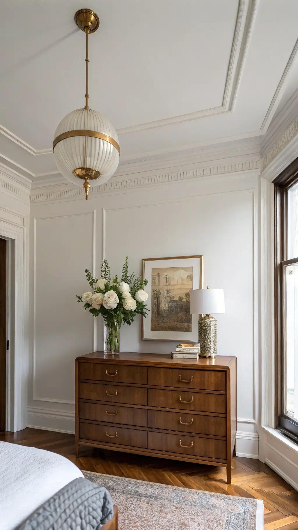 Master bedroom bathed in golden hour light, featuring a restored walnut Art Deco dresser with a vintage mercury glass vase. An aged brass pendant light hangs overhead, enhancing the tranquil atmosphere.