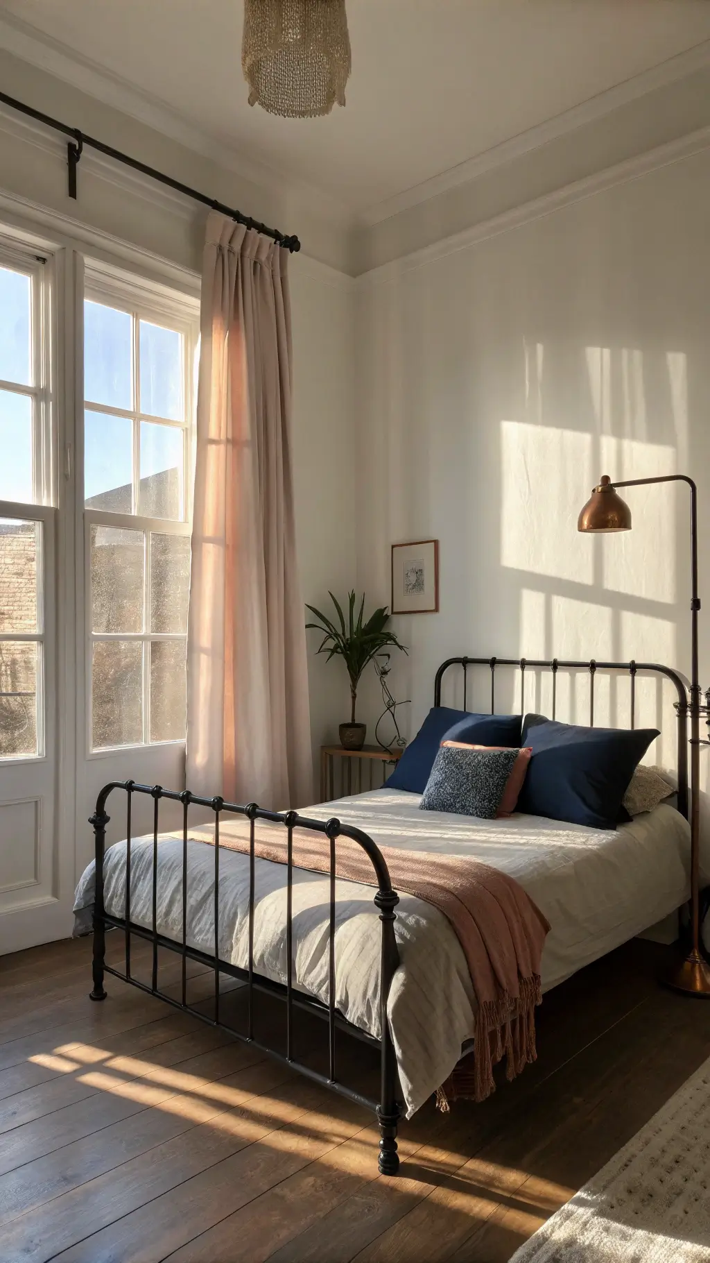Minimalist bedroom showcasing a black Victorian iron bed, warm white walls, navy cushions, and a dusty rose throw. Soft light filters through sheer curtains, with an antique copper lamp adding warmth.