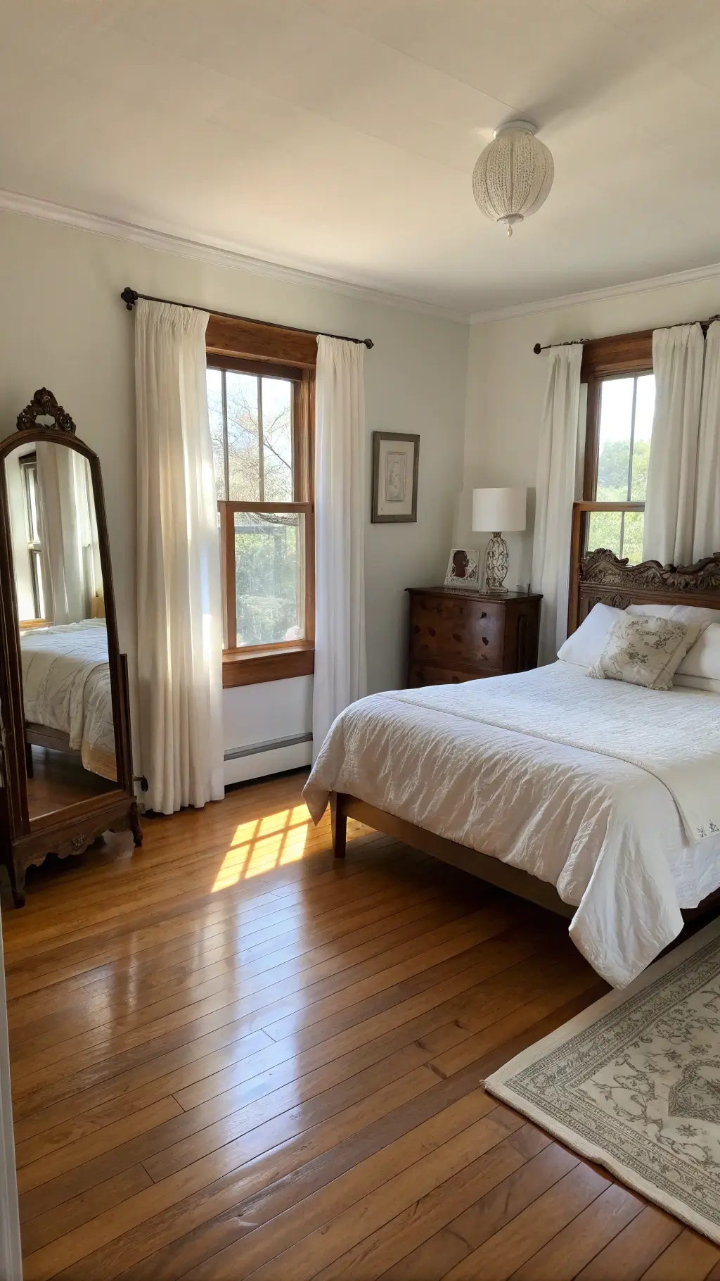Bright corner bedroom with hardwood floors, a 1930s vanity mirror reflecting morning light, sheer white curtains, and a modern platform bed paired with a vintage headboard.