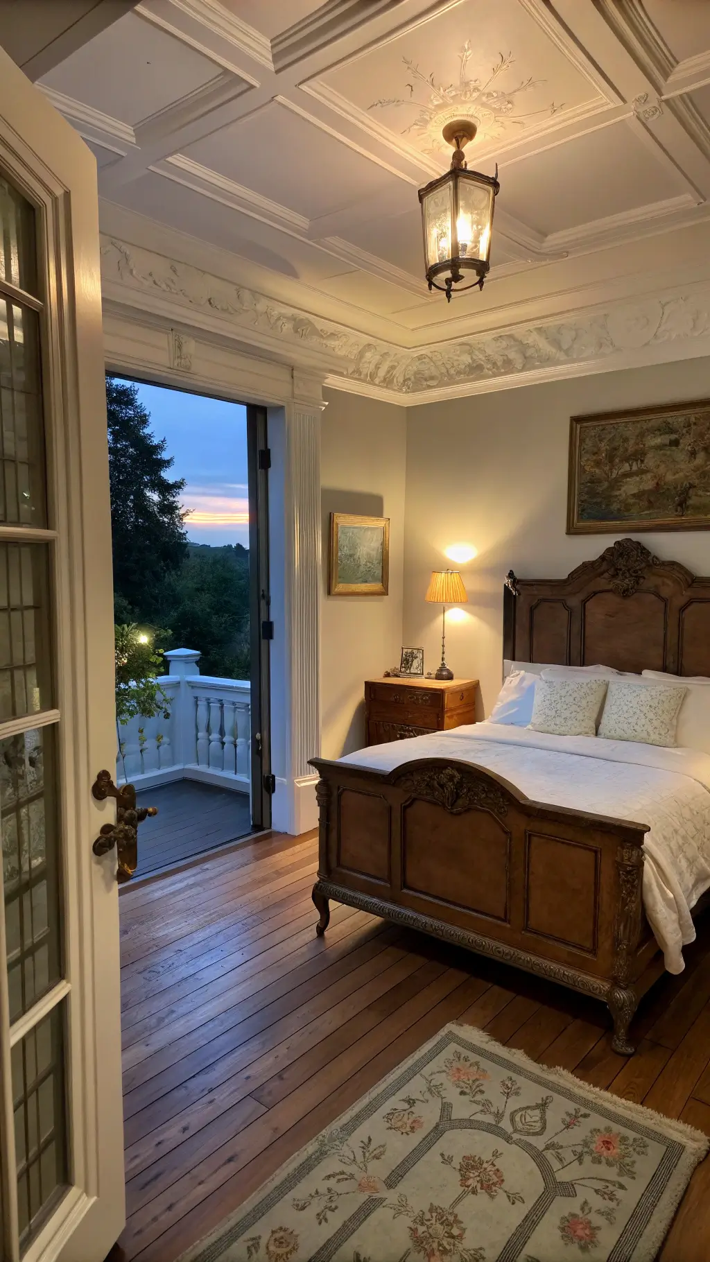 Cozy bedroom at dusk with a French provincial bed, crisp white linens, and a vintage quilted pillow. An antique chest with patina holds a modern ceramic lamp, creating a warm ambiance.