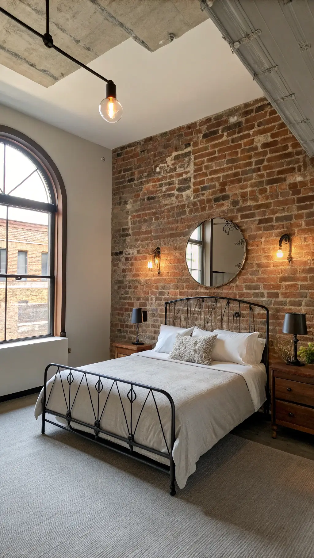 Loft bedroom with exposed brick, a curved-top mirror flanked by vintage sconces, and a low-profile antique wrought iron bed bathed in natural light, creating an urban yet cozy vibe.