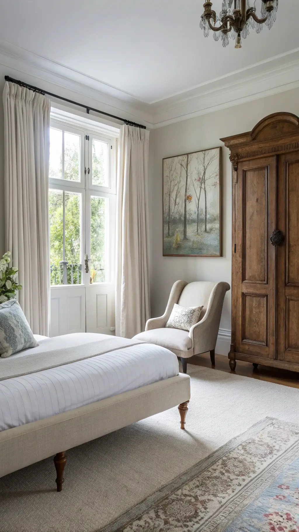 Modern bedroom with Victorian touches, featuring a neutral linen chaise, abstract art, a white platform bed, and a weathered oak antique armoire bathed in soft natural light.