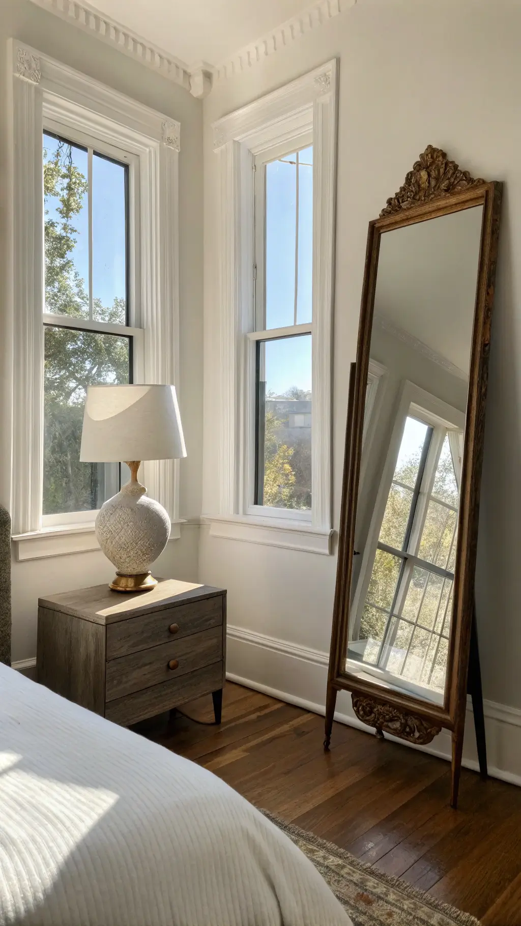 Minimalist bedroom bathed in morning light, featuring a vintage 1920s mirror and a ceramic lamp on a sleek modern nightstand.