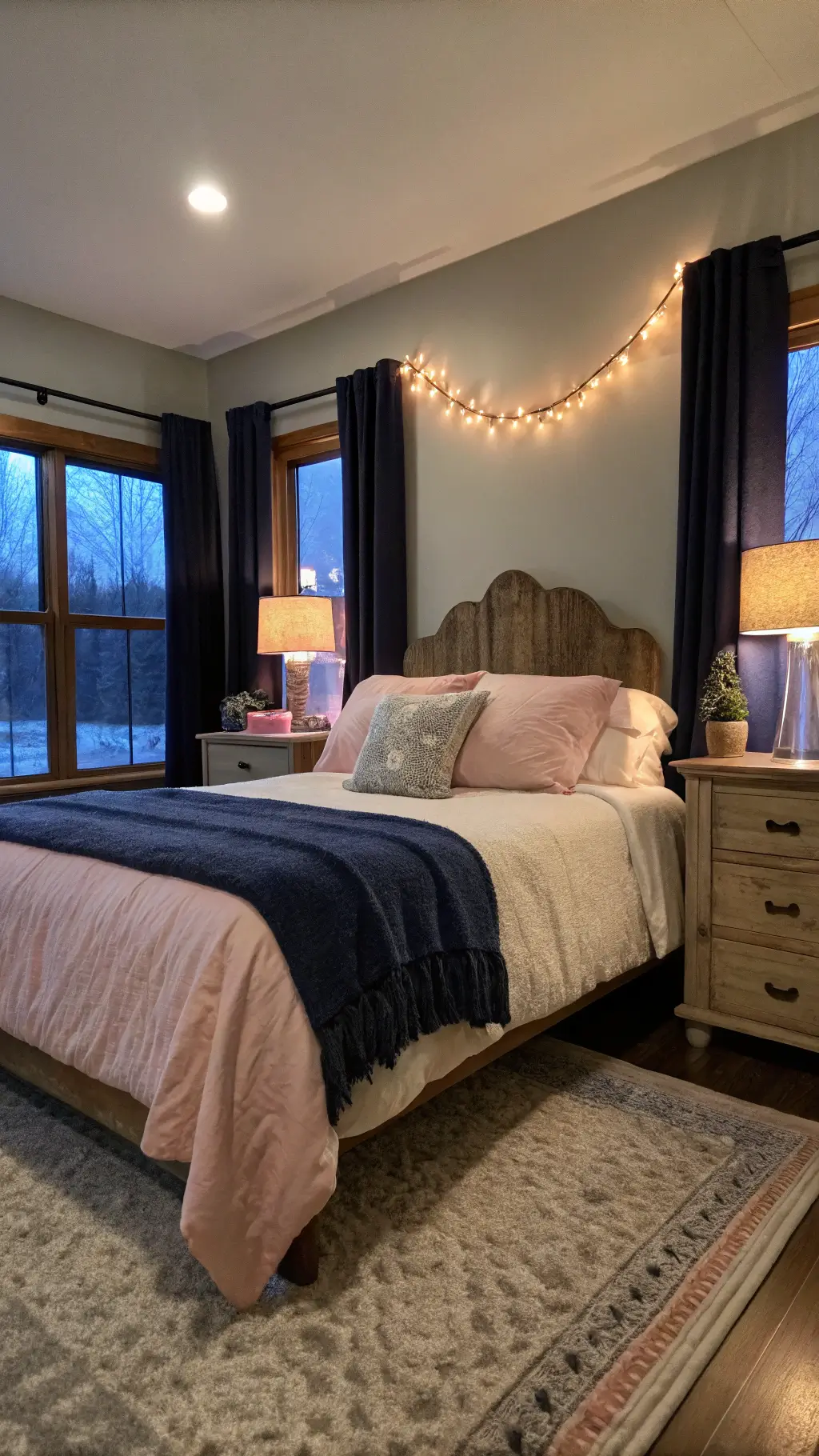Cozy bedroom at dusk with queen bed dressed in navy and blush linens. Twinkle lights wrapped around an antique brass headboard emit a warm glow. Deep navy blackout curtains frame tall windows revealing twilight. Weathered oak nightstands with ceramic lamps and linen shades enhance ambiance.
