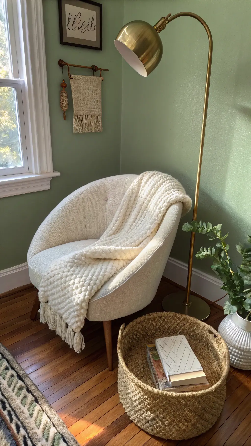Ivory bouclé accent chair draped with a chunky cable-knit throw beside a brass floor lamp on warm hardwood floors. Handwoven basket filled with rolled blankets against sage green walls. Soft afternoon shadows add depth.