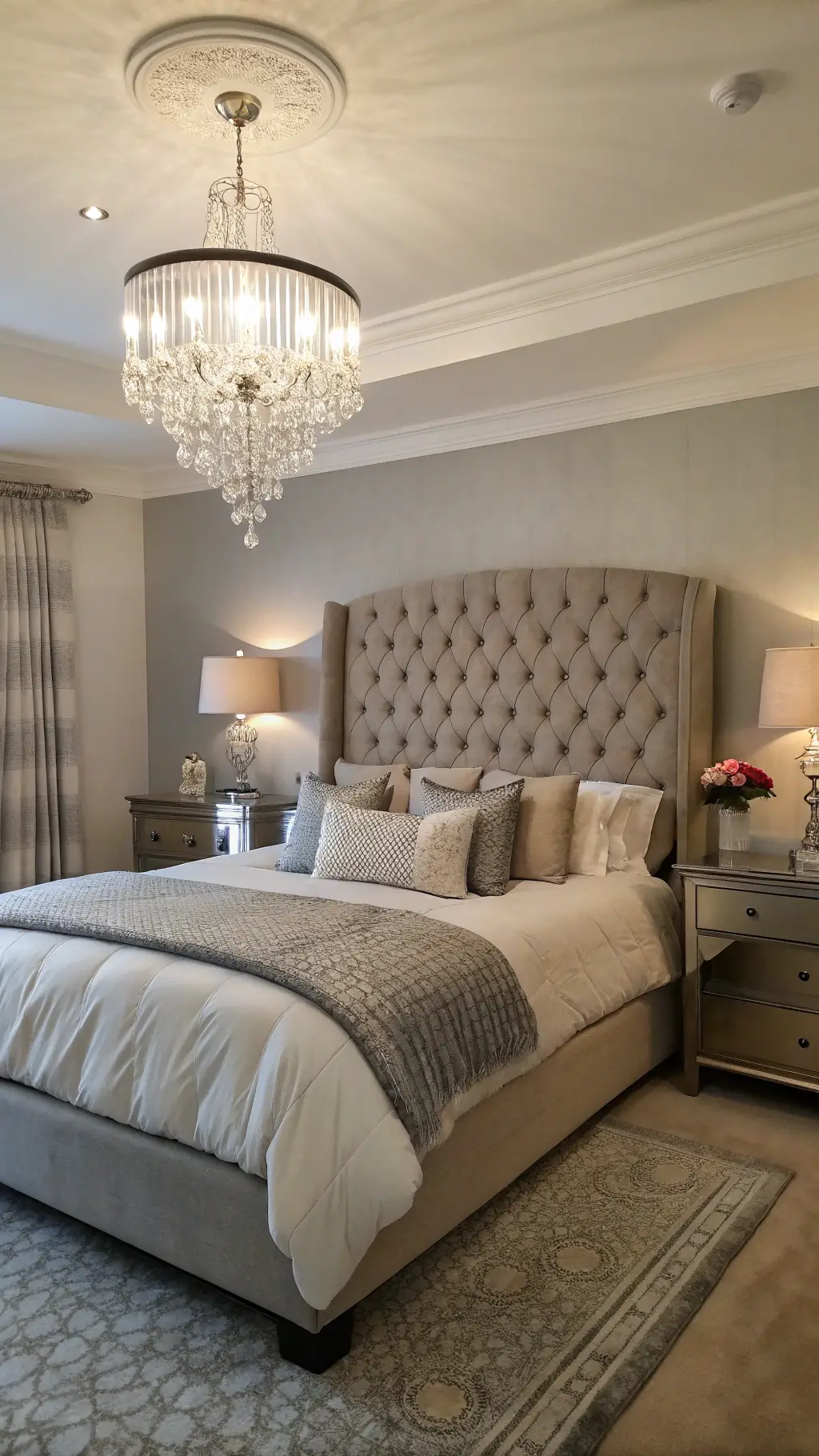 Master bedroom during blue hour featuring tufted grey headboard, layered white and silver bedding, crystal chandelier, symmetrical nightstands with mercury glass lamps, and fresh peonies.
