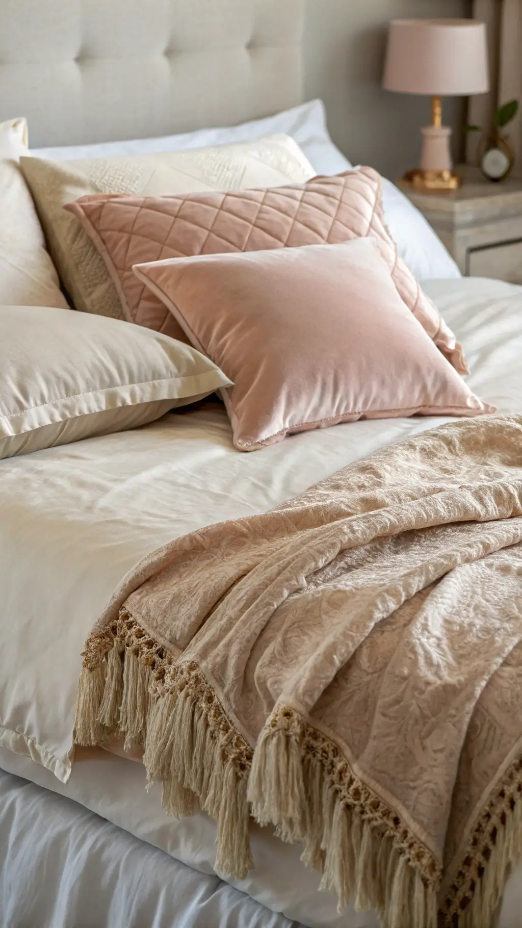 Close-up of a bed layered with silk pillowcases, velvet euro shams, linen duvet, and a mohair throw in soft cream and blush tones. Morning light highlights the rich textile details.