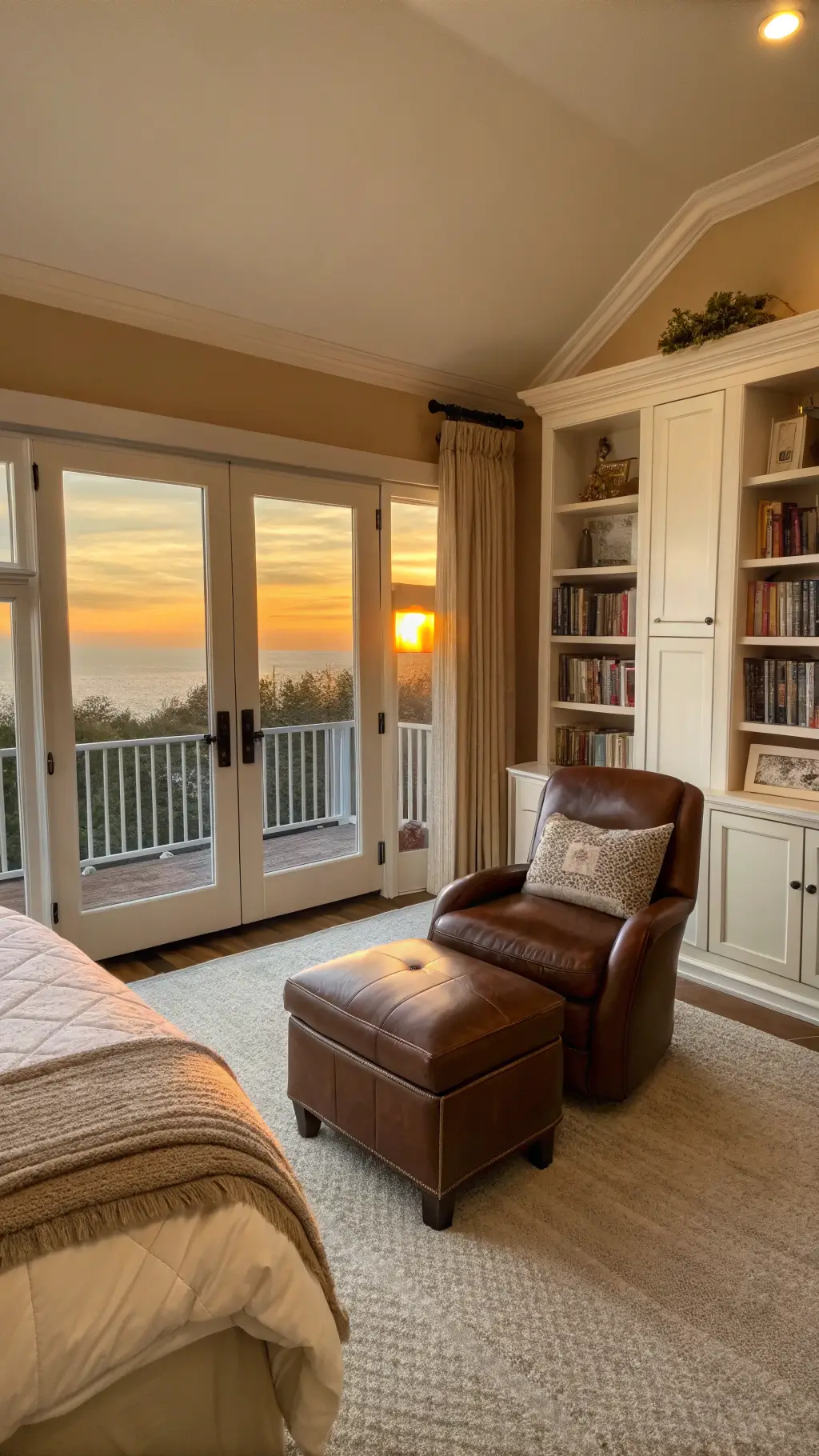 Wide-angle view of a sunset-lit 16x18ft bedroom with vanilla-toned walls, leather reading chair and ottoman by built-in bookshelves, taupe and ivory bedding with metallic accents, and French doors opening to a Juliet balcony.