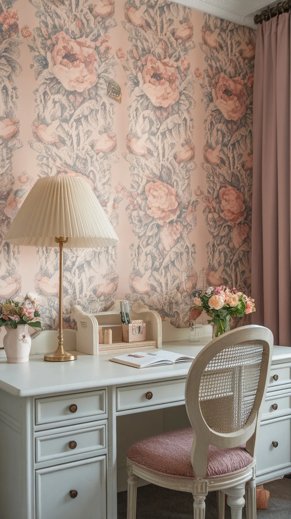 A feminine home office with floral wallpaper, a white desk, pink chair, and a brass lamp.