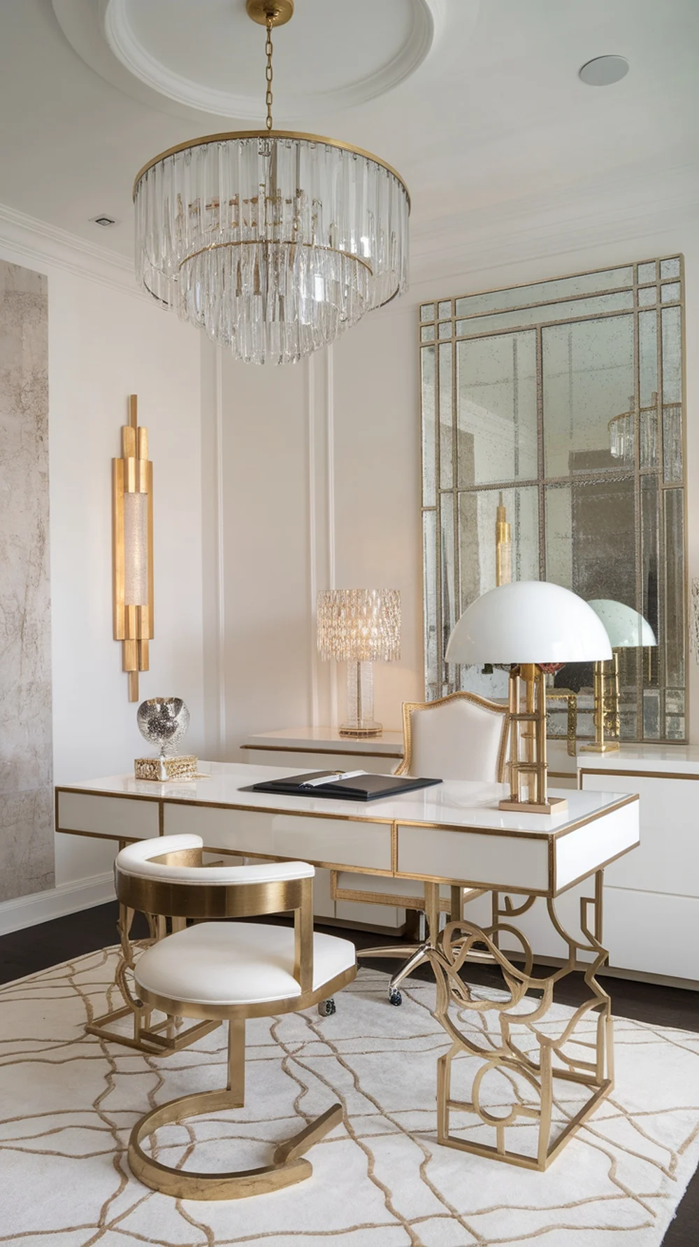 A stylish home office featuring a crystal chandelier, elegant desk, and warm lighting.