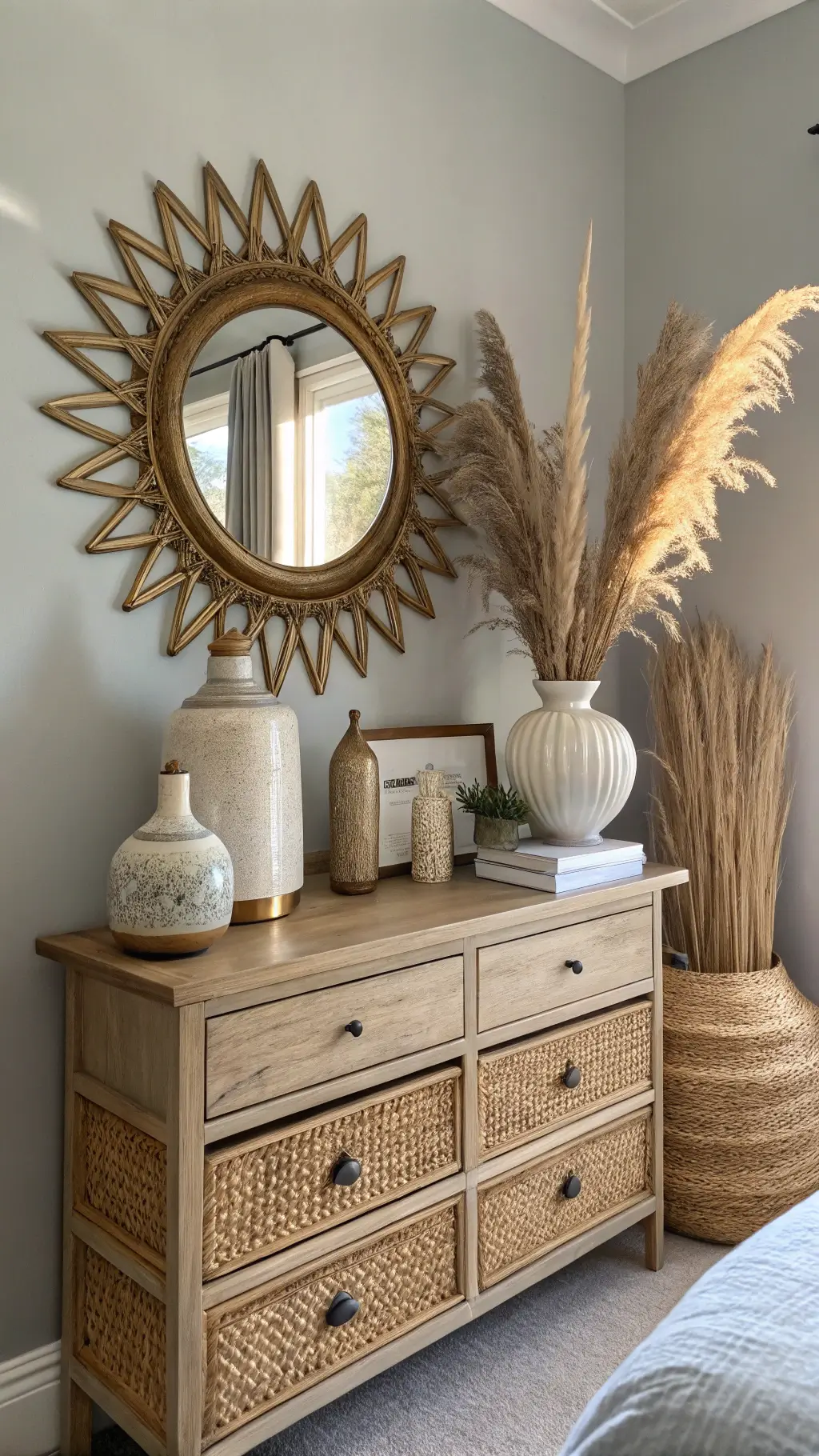 Vintage brass mirror above bamboo console table styled with handmade ceramic vases and dried pampas grass. Warm wood tones contrast with soft grey walls, illuminated by natural morning light with subtle lens flare.
